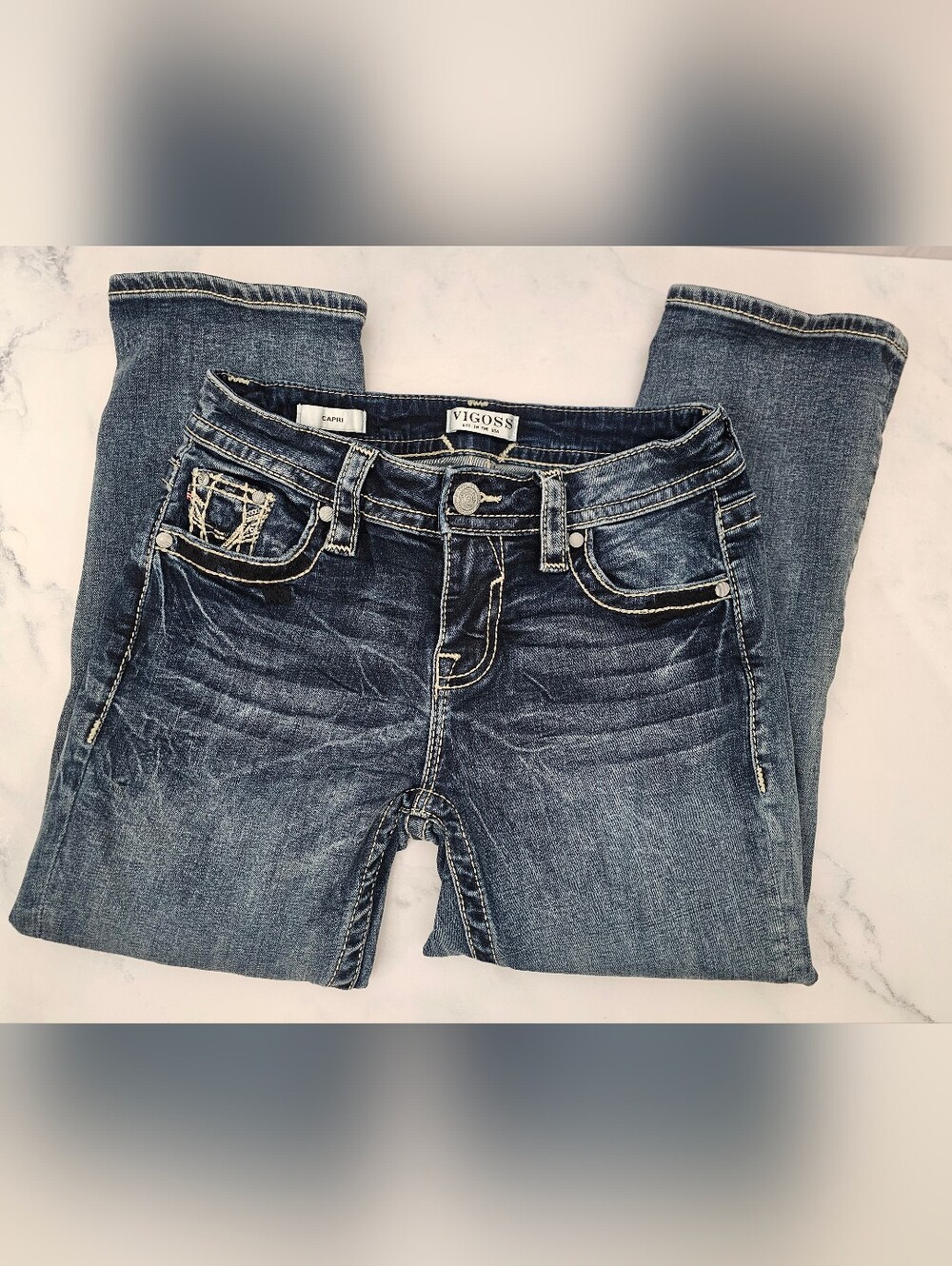 Vigoss Capri Jeans Dark Wash Embroidered Pockets Size 0